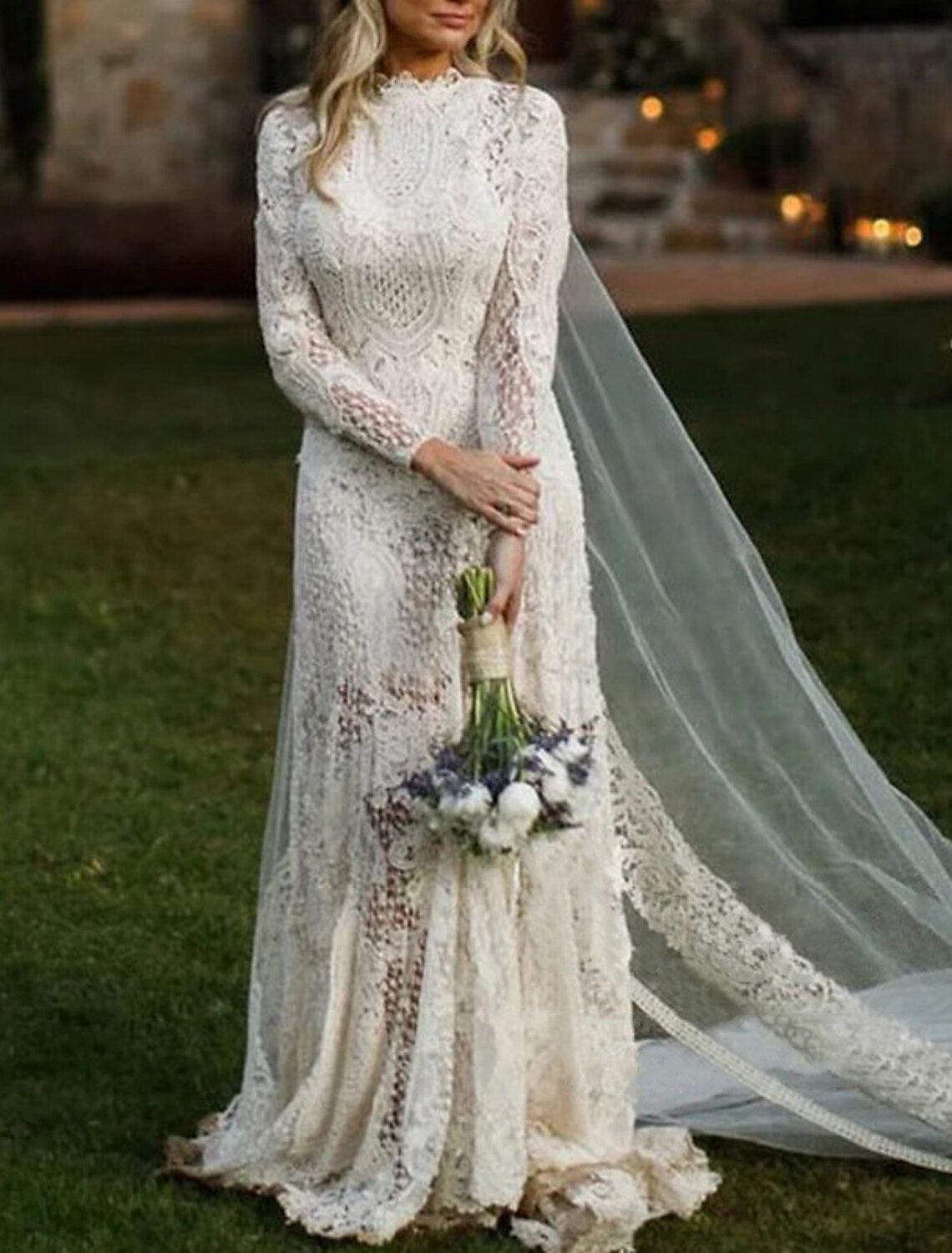 Wholesale Beach Open Back Boho Wedding Dresses Sheath / Column High Neck Long Sleeve Court Train Lace Bridal Gowns With Appliques Solid Color
